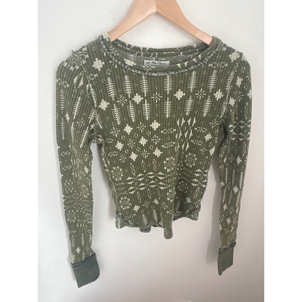 We The Free Free People Olive Green Fair Isle Waffle Knit Thermal Top Small